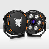 Two black and orange light fixtures with a visible brand logo on a white background
